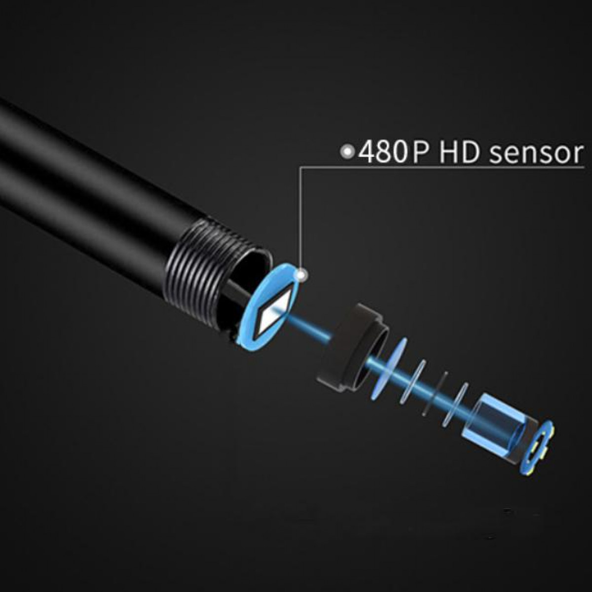 Black pen, HD sensor detail with blue light. Dark background.