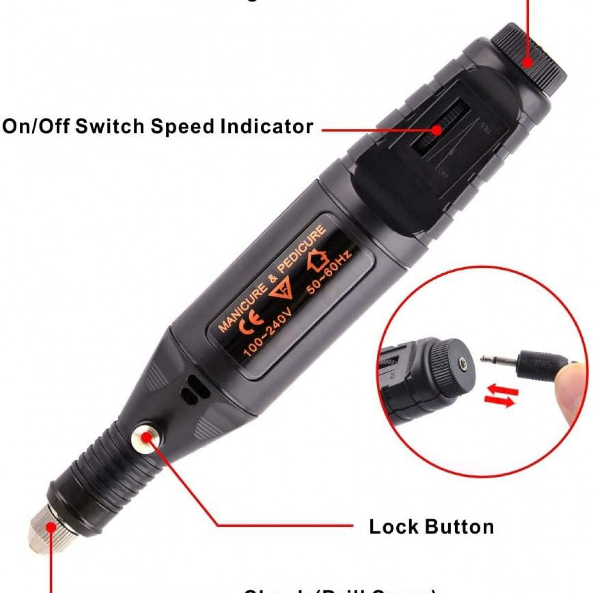 Czarny pilnik do manicure i pedicure z etykietami wskazującymi części i funkcje.