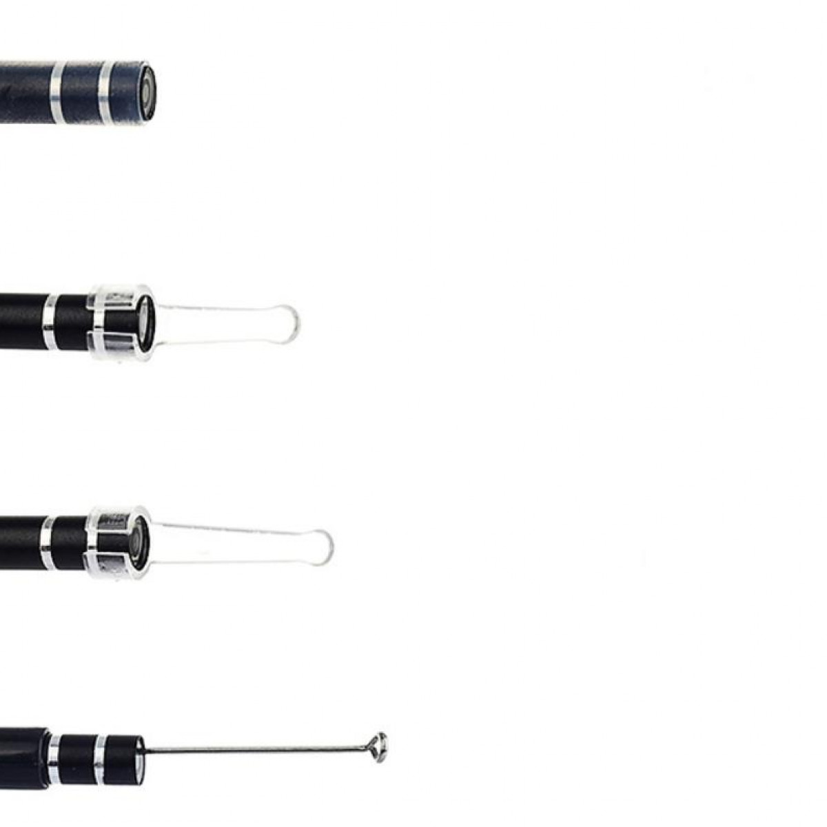 Close-up of medical tools, four metal tubes with lenses, against a white background.