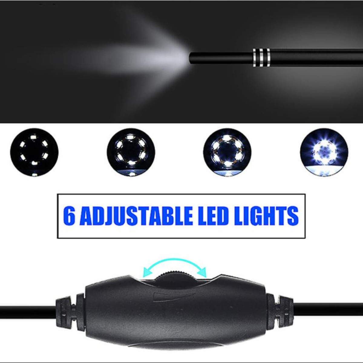 A black endoscope with 6 adjustable LED lights, displayed with different light settings.