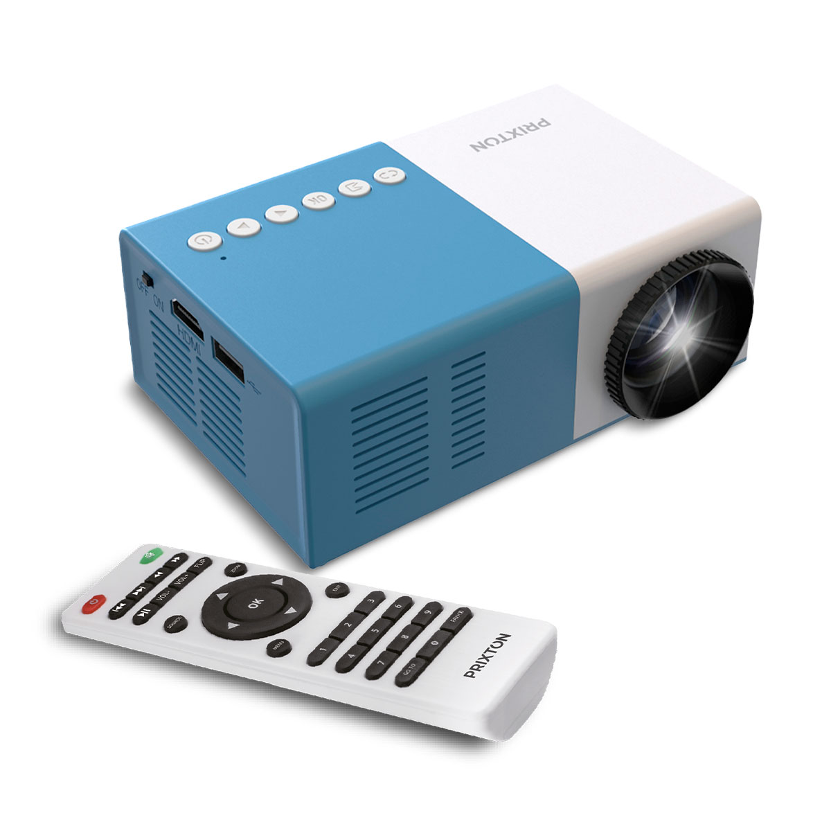 Blauwe en witte projector met een witte afstandsbediening. Het merk is PRIXTON.