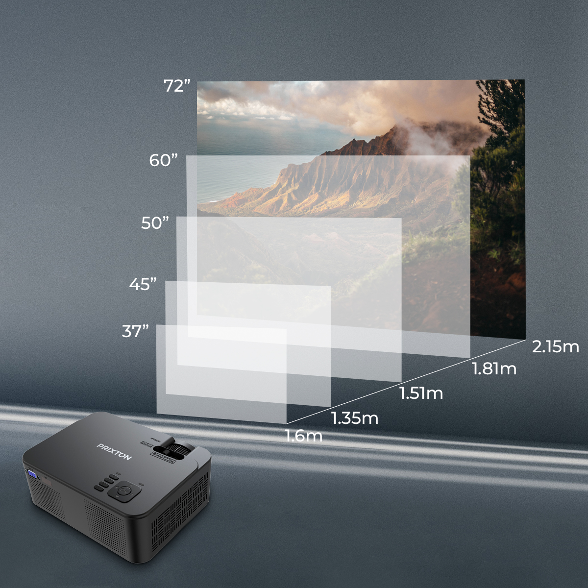 Projektor wyświetlający obrazy z przewodnikami po rozmiarach na szarej ścianie, projektor z przodu.