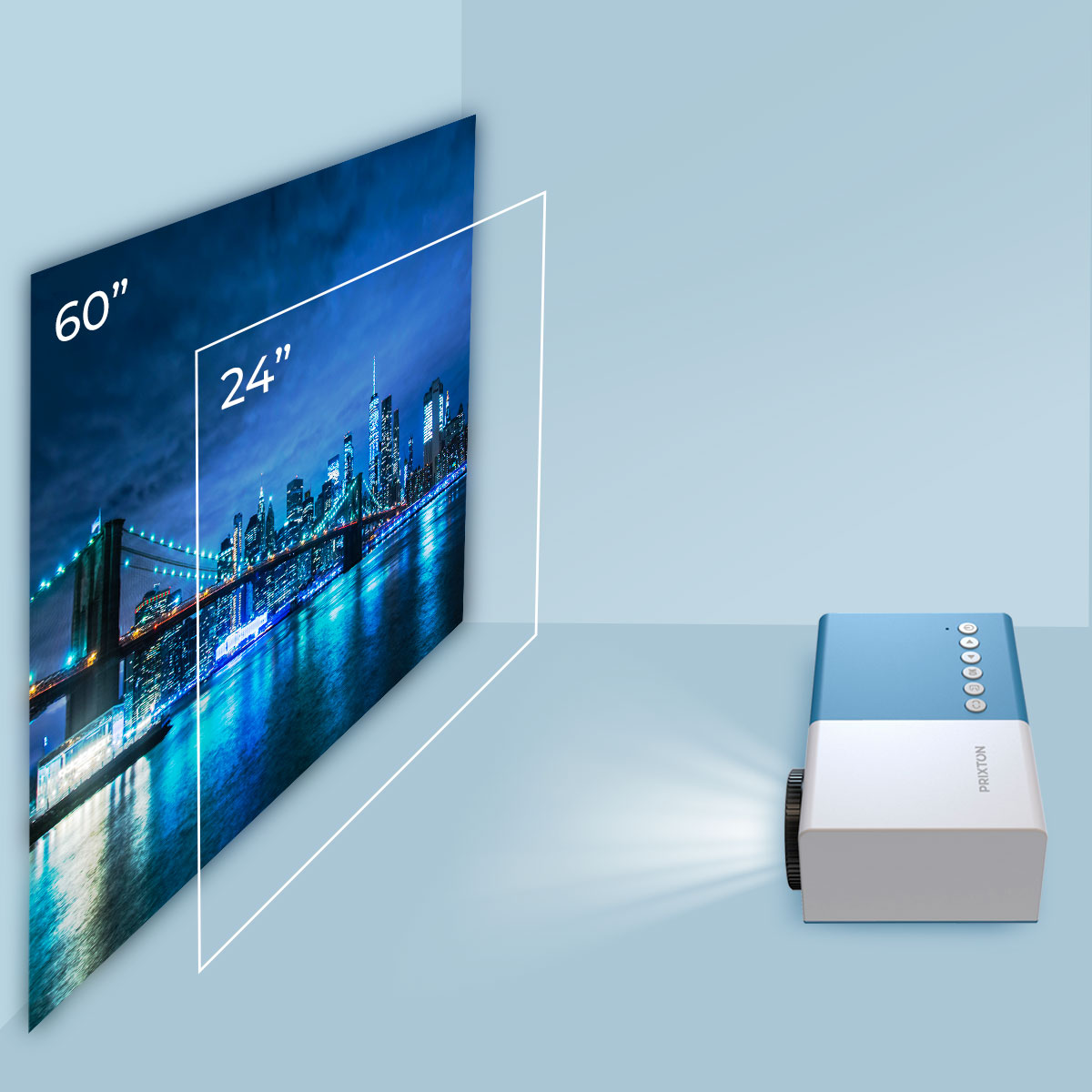Een projector die een stadsbeeld op een muur projecteert.