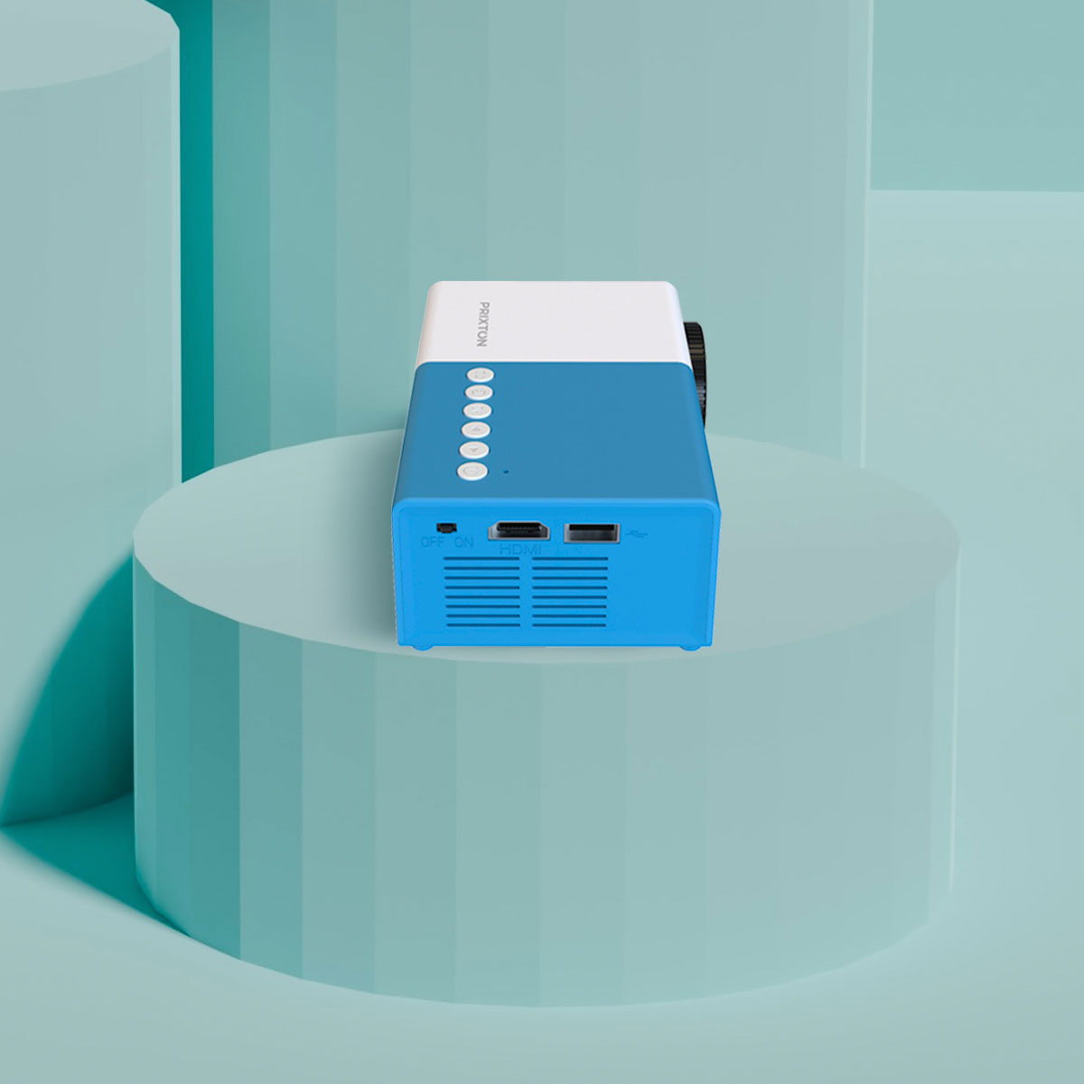 Blauwe en witte miniprojector op een blauw oppervlak, met een lichtblauwe achtergrond.