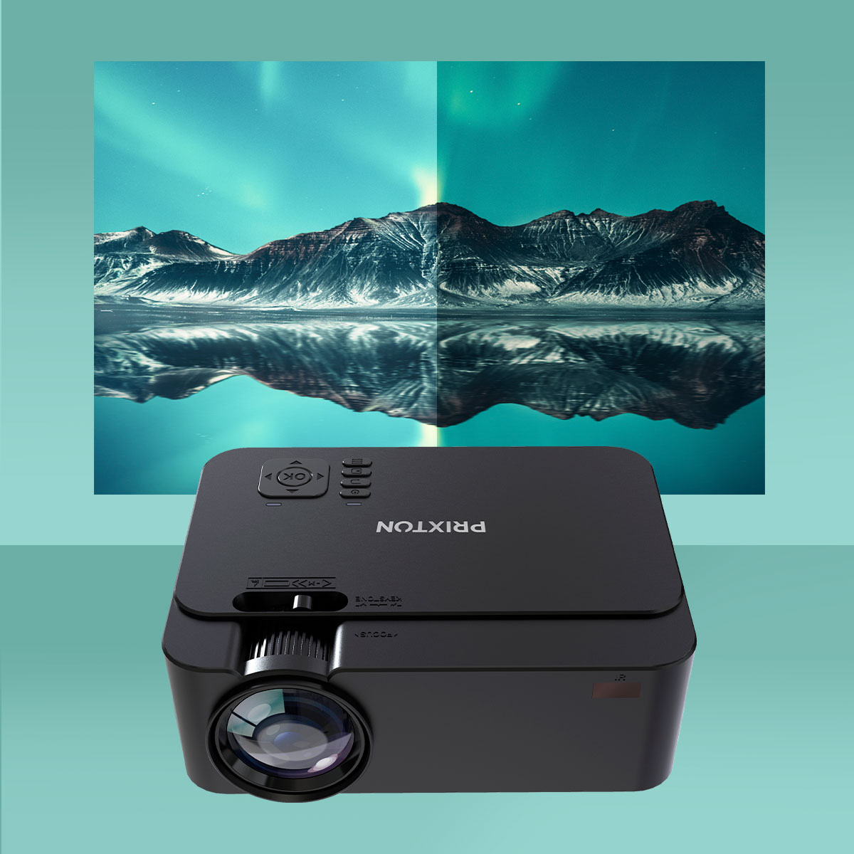 Czarny projektor z wyświetlonym obrazem gór i zorzy polarnej. Tekst: PRIXTON.