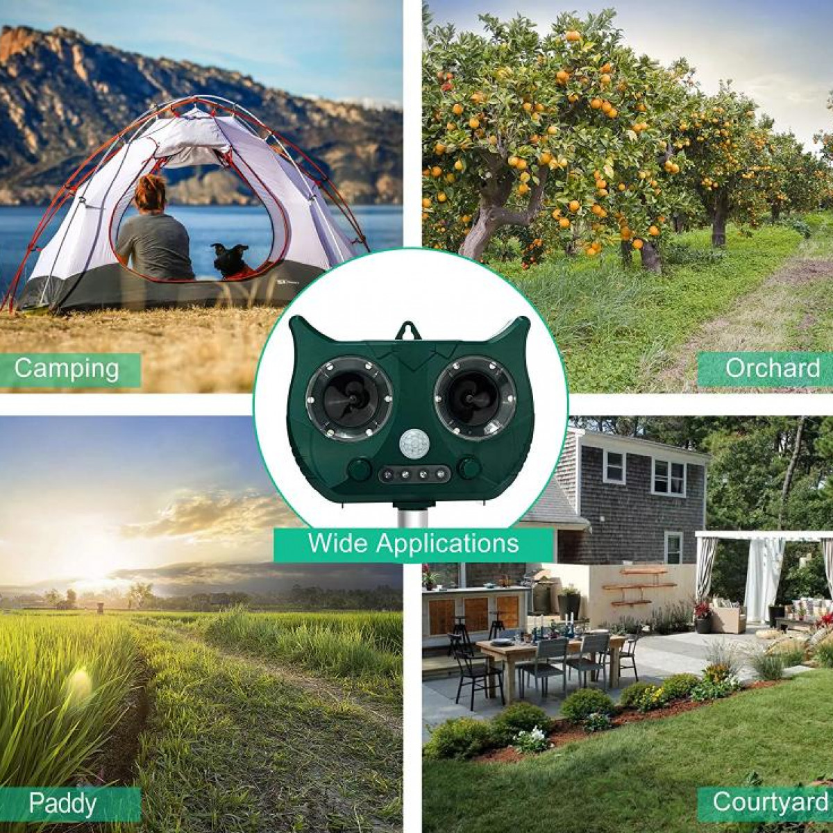 Ein eulenartiger Outdoor-Lautsprecher und Bilder seiner Anwendungen: Camping, Obstgarten, Reisfeld und Innenhof.