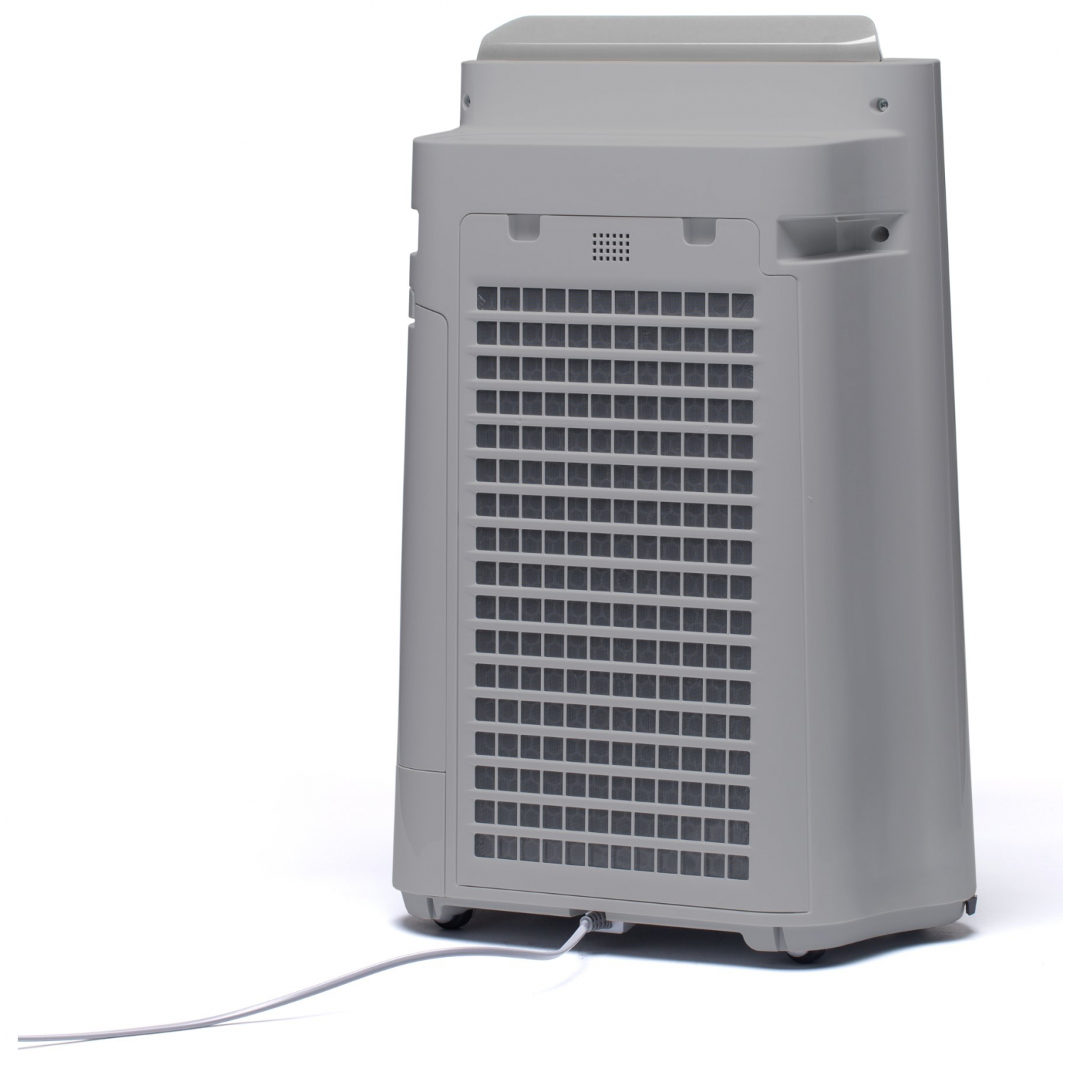 Widok z tyłu szarej oczyszczacza powietrza z kratką filtra i białym kablem.
