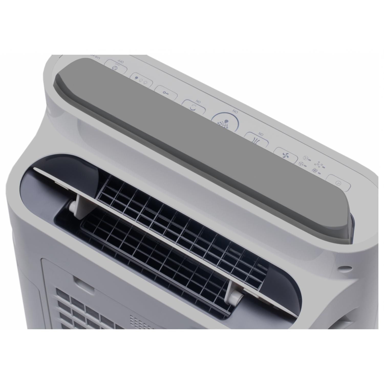 Biały i szary oczyszczacz powietrza z wlotami i wylotami powietrza.