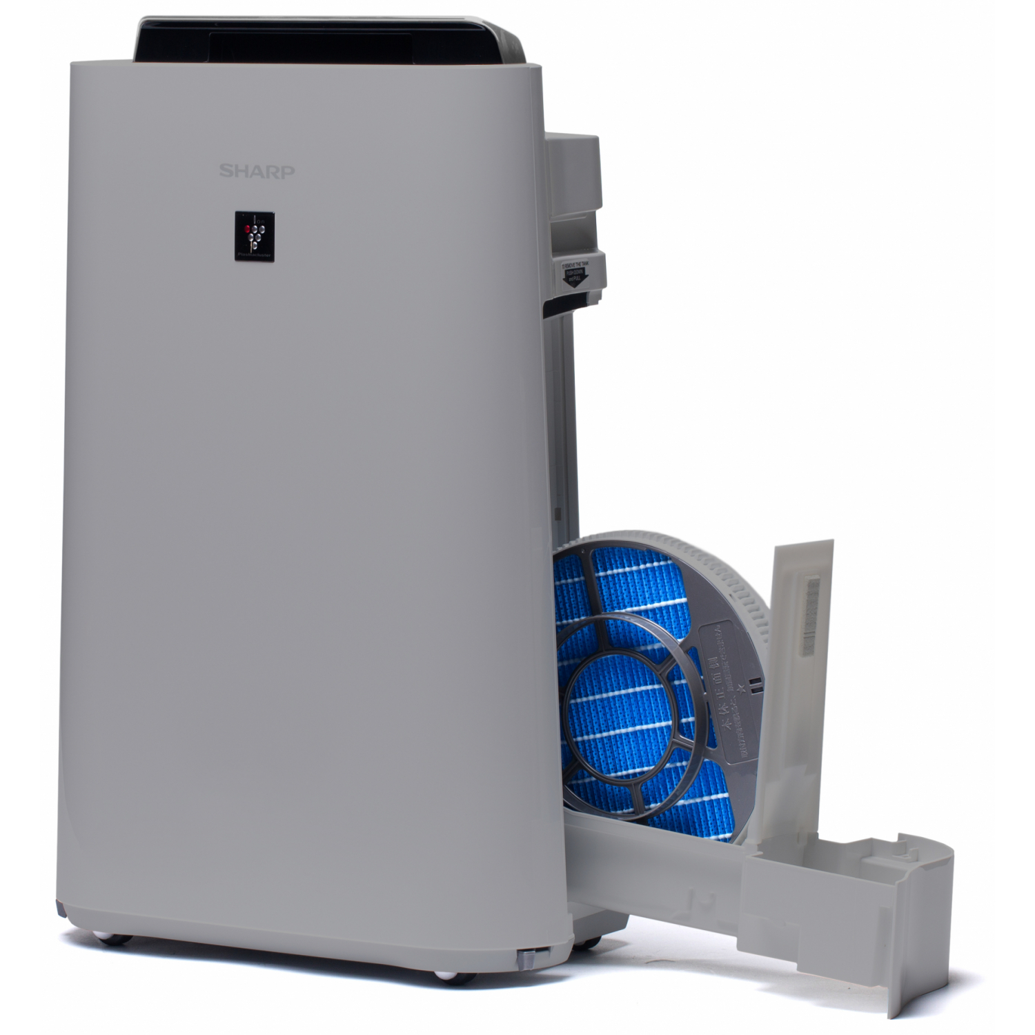 Szary oczyszczacz powietrza z odsłoniętym filtrem. Widoczny niebieski filtr. Białe tło.