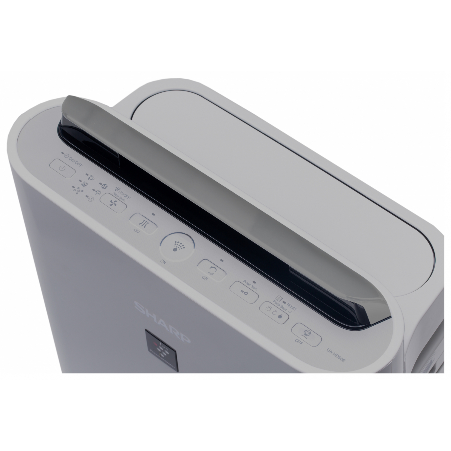 Biały i szary oczyszczacz powietrza z elementami dotykowymi i czarnym, zakrzywionym blatem.