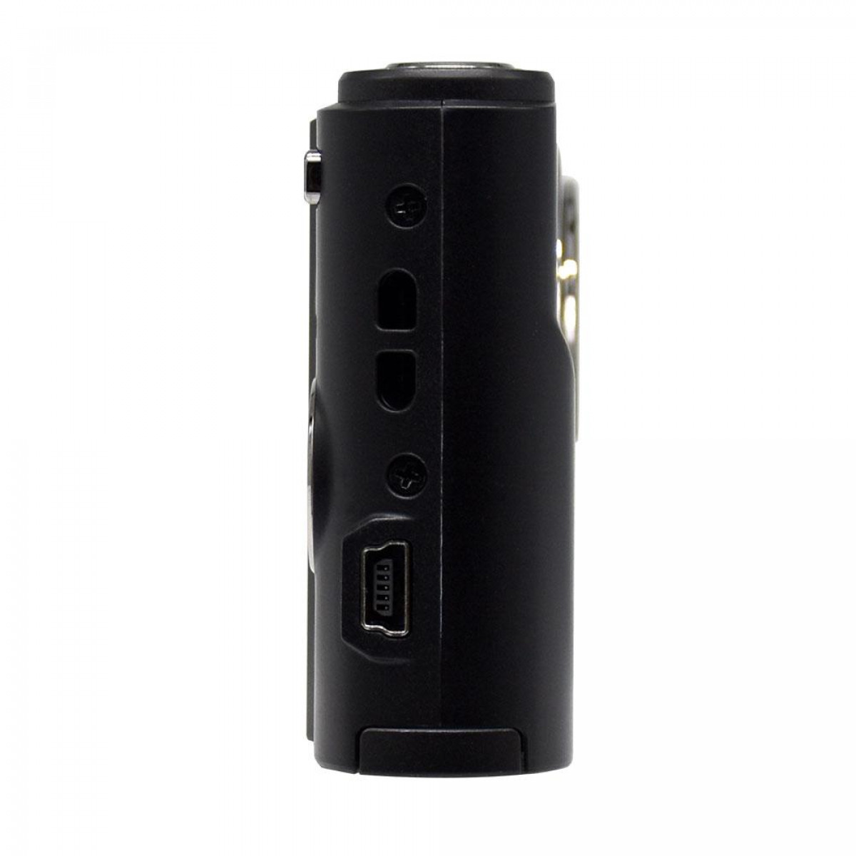 Widok z boku czarnego aparatu z przyciskami i portem USB.