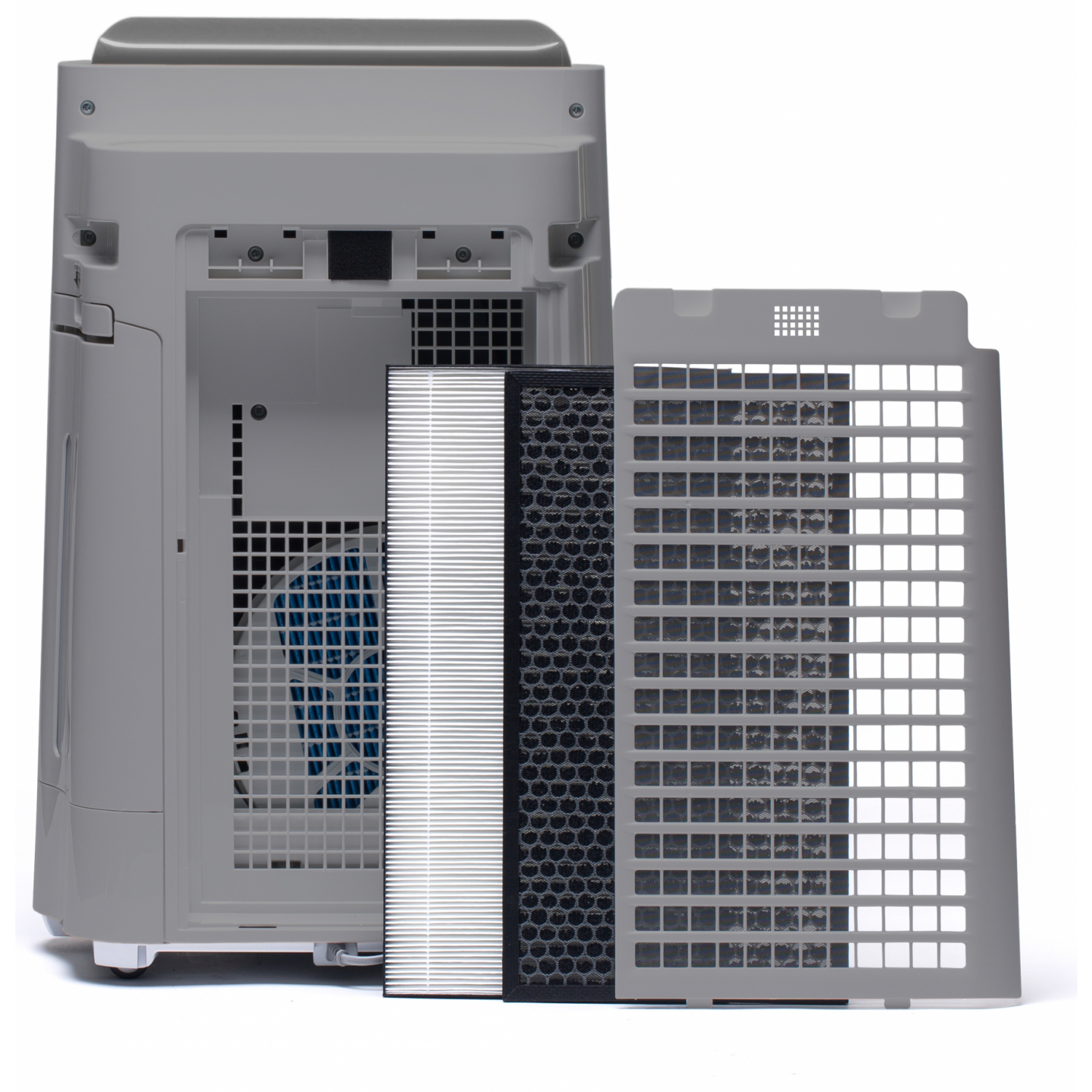 Szary oczyszczacz powietrza z otwartym panelem przednim. Widoczne filtry. Urządzenie na białym tle.