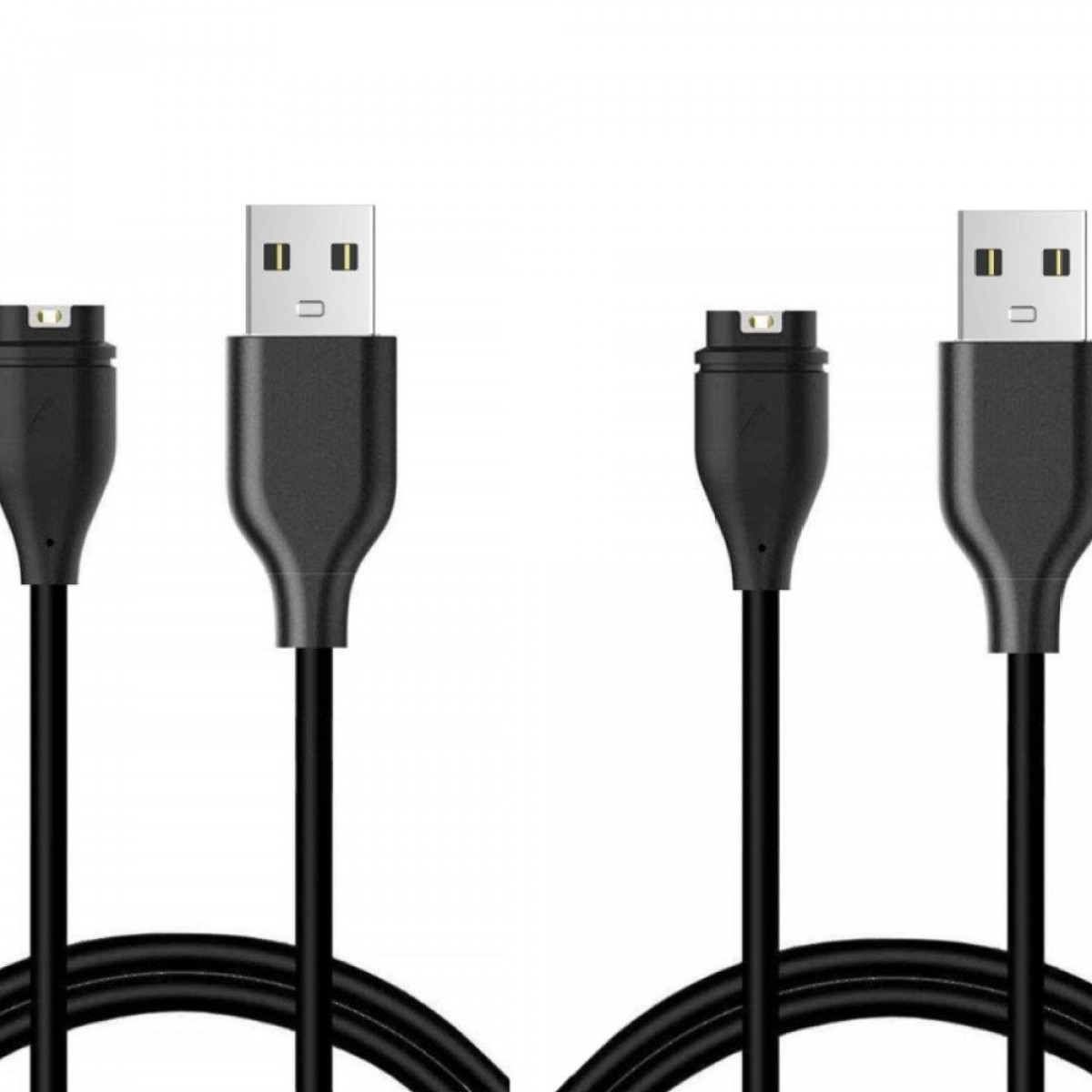 Dwa czarne kable ładujące USB ze złączami, pokazujące końcówki USB i pinów ładowania.