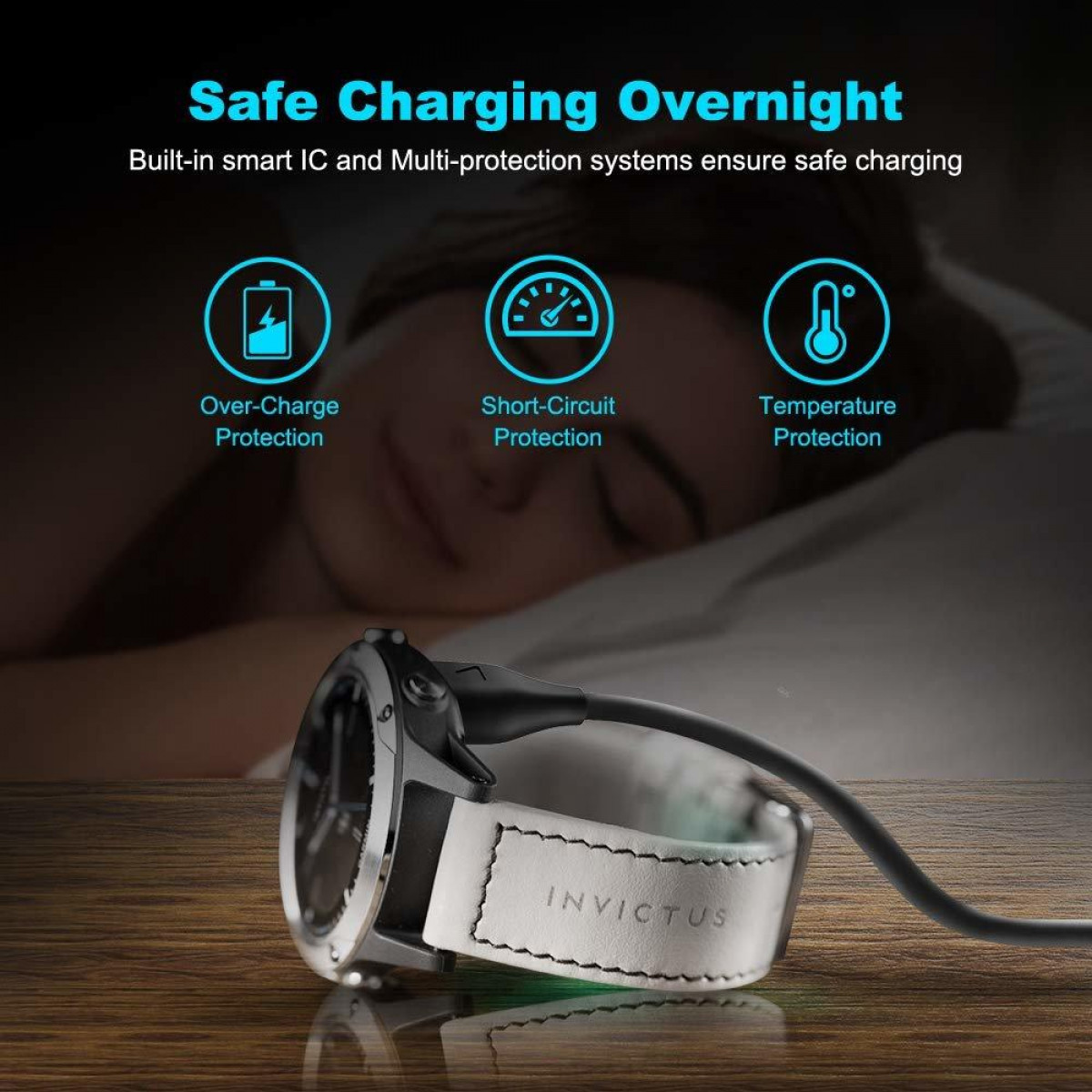 Smartwatch ładujący się na czarnej ładowarce, tekst o bezpiecznym ładowaniu nocnym.