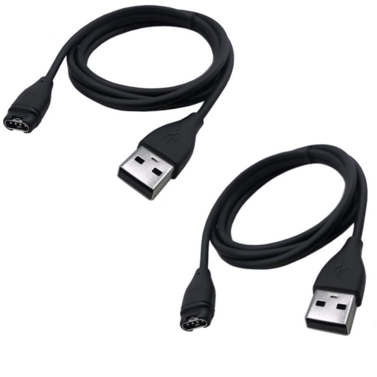 Dwa czarne kable USB. Każdy ma złącze USB i małe złącze do urządzenia. Tło jest białe.