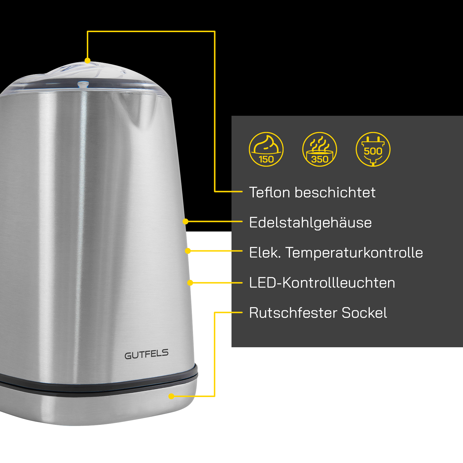 Ein silberner Wasserkocher mit Etiketten, die auf seine Funktionen zeigen, auf schwarzem Hintergrund.