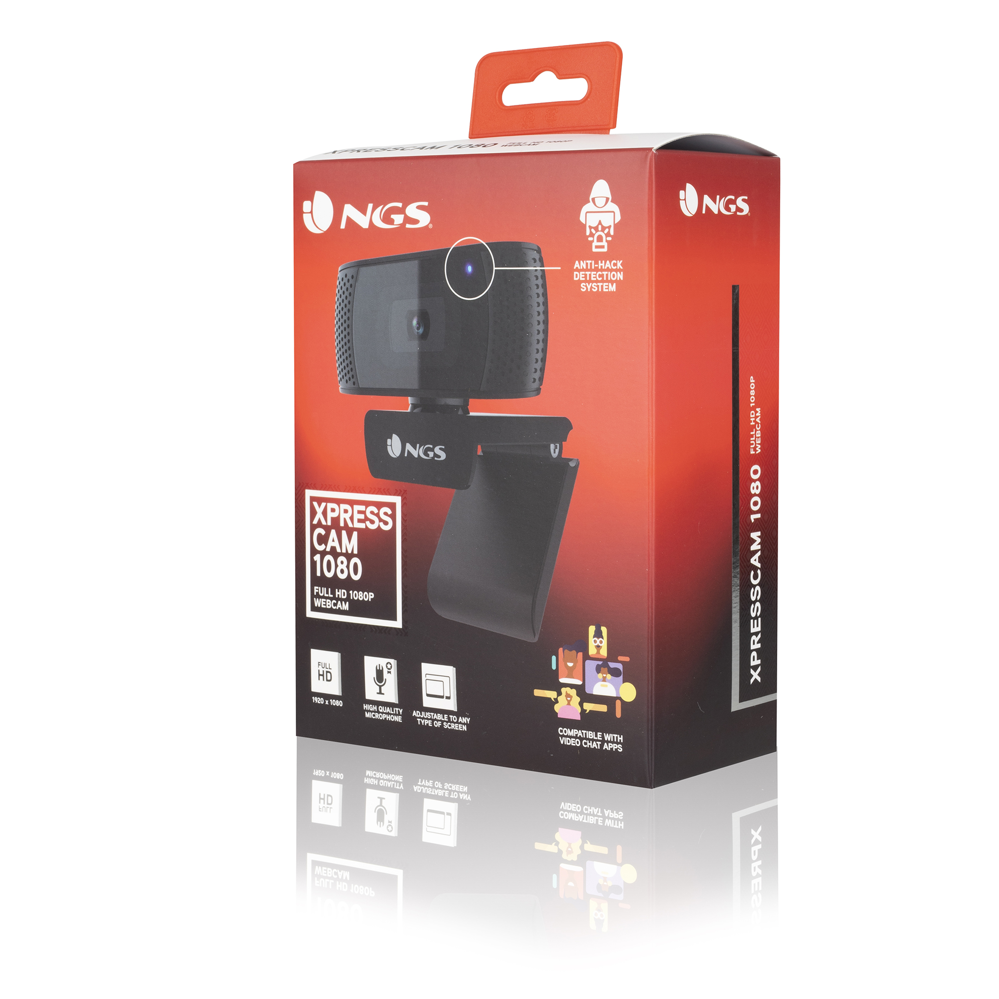 Scatola webcam con webcam e design rosso. Il marchio è NGS.
