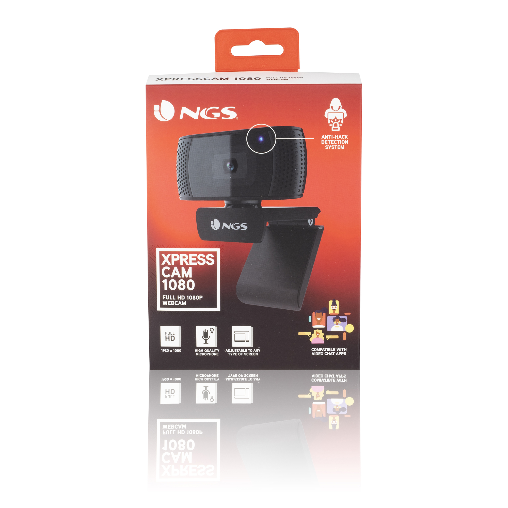 Webcam in una scatola, nera e rossa. La scatola mostra la webcam e le sue caratteristiche.