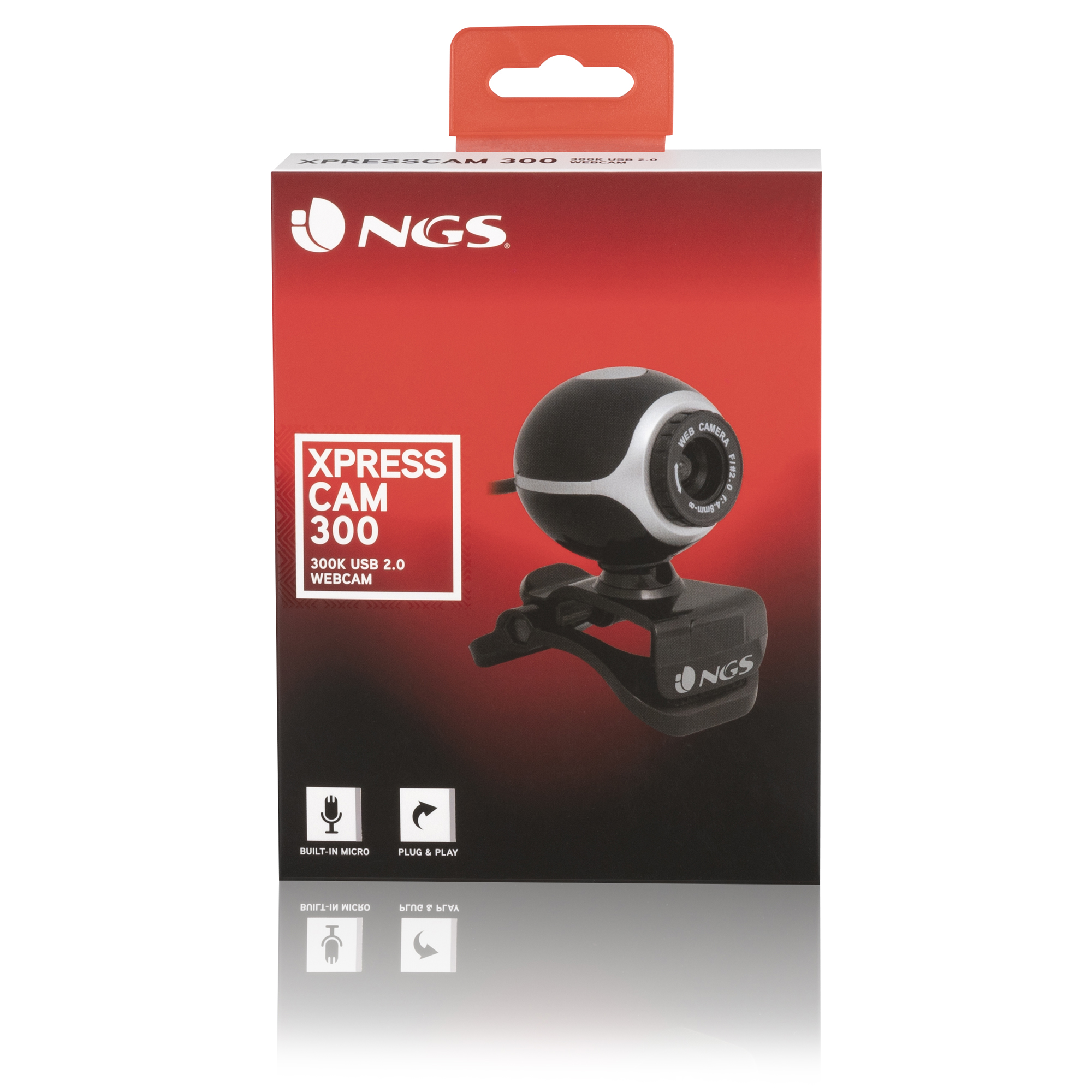 Webcam-Box mit einer Webcam, schwarz und weiß, auf rotem Hintergrund, mit dem NGS-Logo.