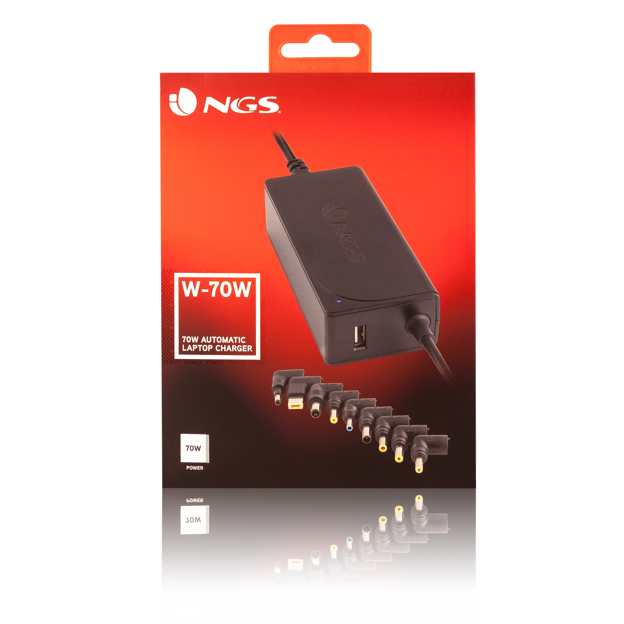 Caricabatterie per laptop NGS W-70W in una scatola. Include vari connettori. Imballaggio rosso e bianco.