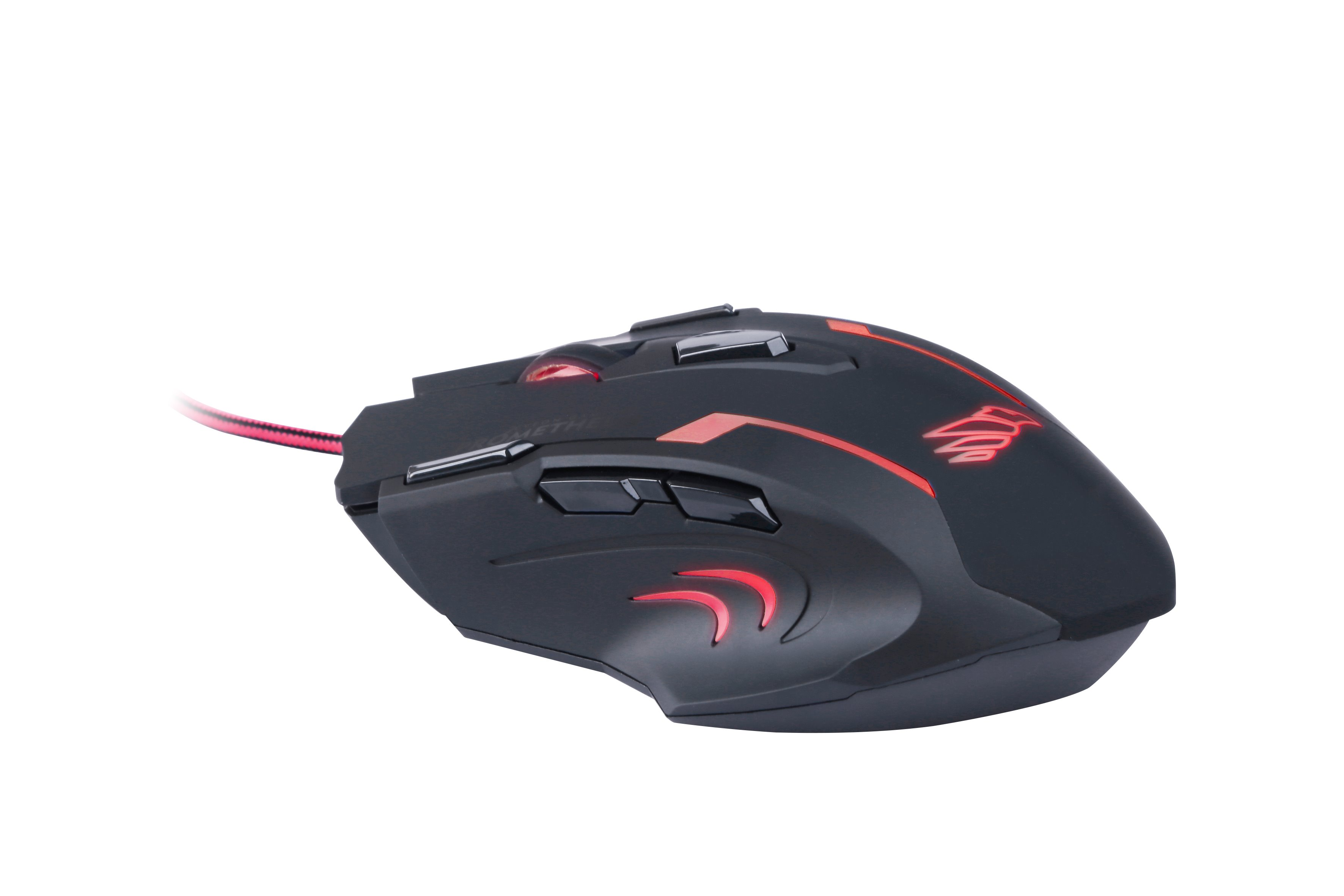 Mouse gaming nero con dettagli rossi. Pulsanti laterali e cablato.