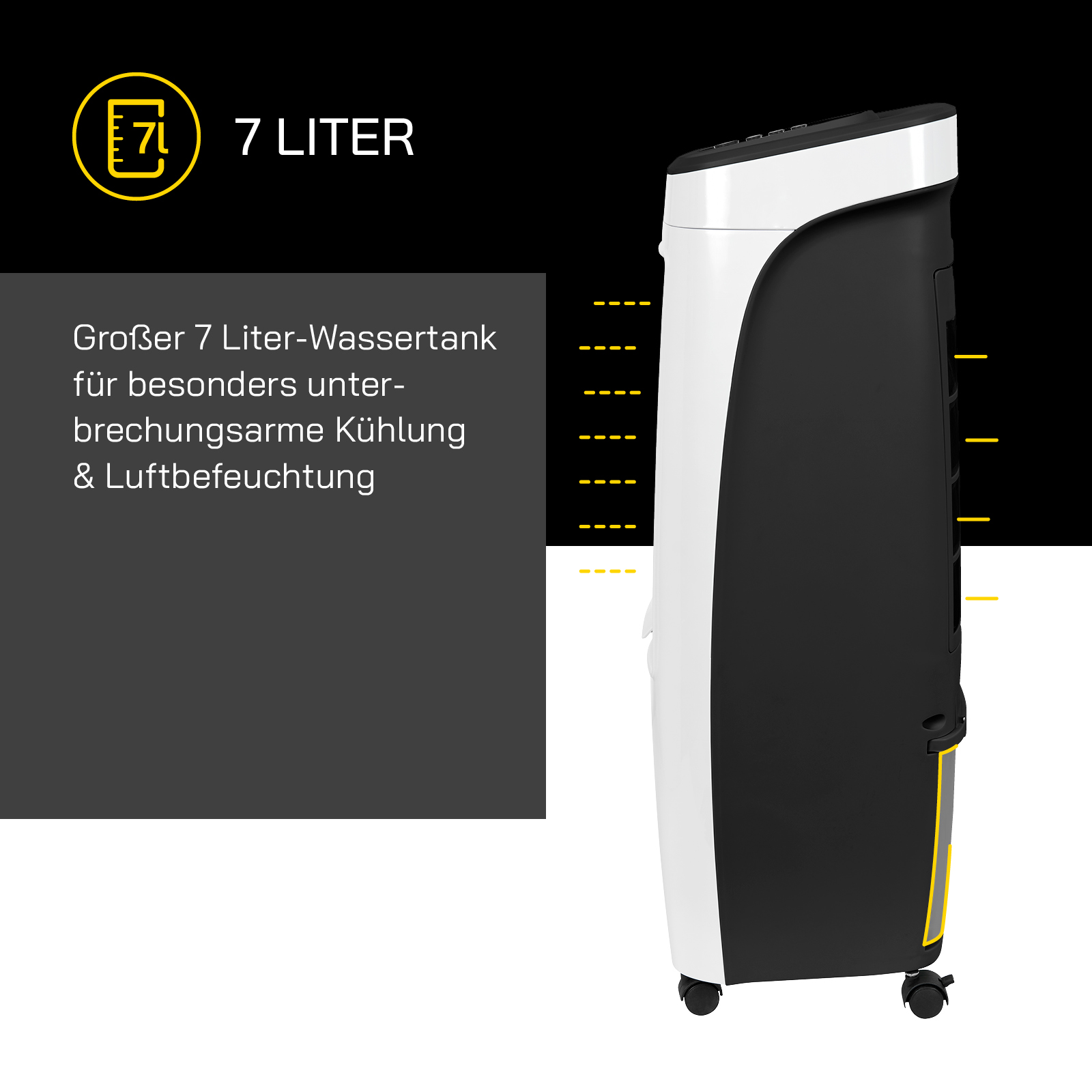 Luftkühler mit 7-Liter-Wassertank, in Schwarz-Weiß-Design, mit gelben Akzenten.