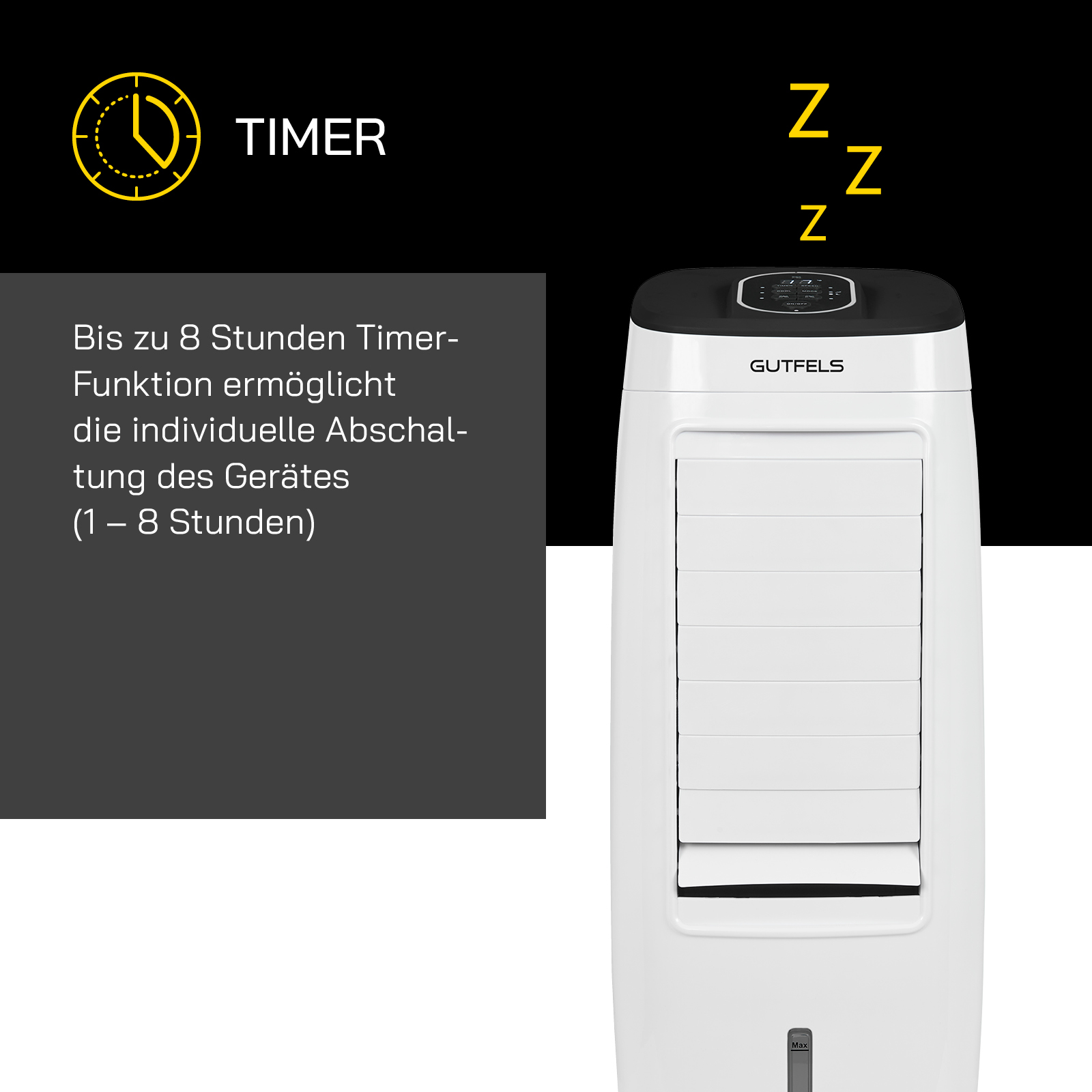 Ein weißer Luftkühler mit Timerfunktion und Zzz-Symbolen.
