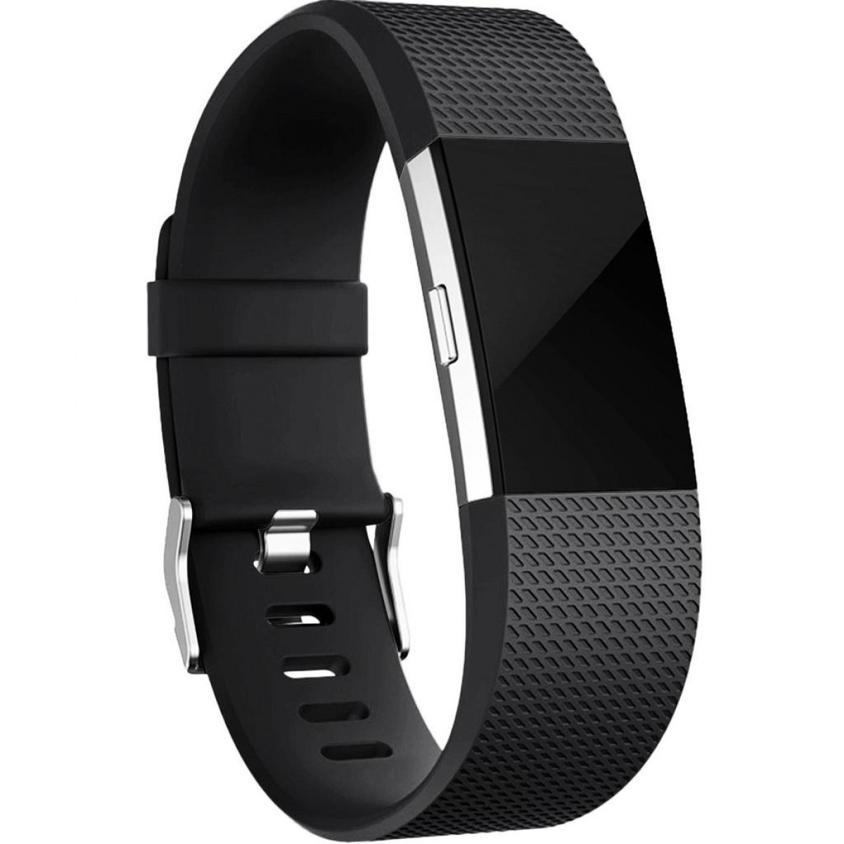 Schwarze Fitness-Tracker-Uhr. Sie hat ein schwarzes Band mit silberner Schnalle und einen Touchscreen.