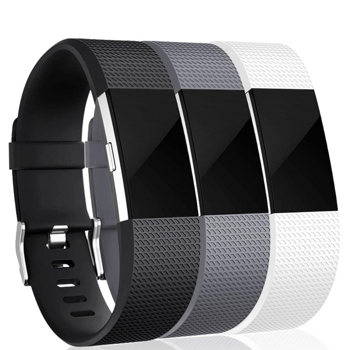 Vier Smartwatch-Armbänder in Schwarz, Dunkelgrau, Hellgrau und Weiß.