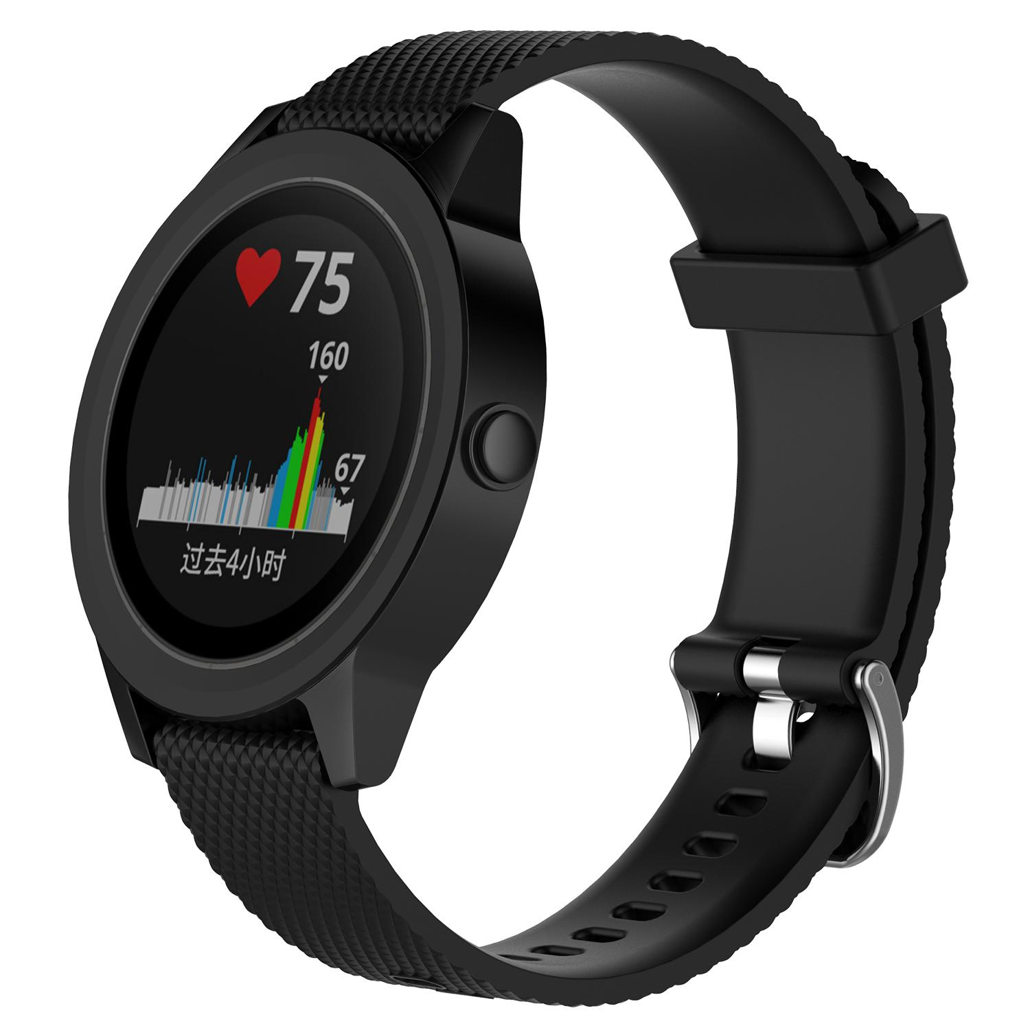 Czarny smartwatch z monitorem pracy serca na czarnym pasku, wyświetlający dane.