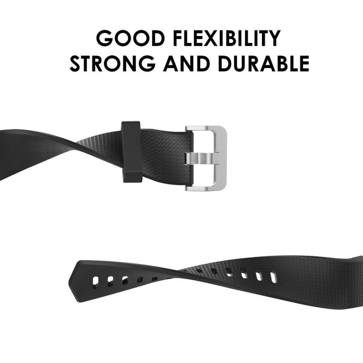 Schwarzes Uhrenarmband, flexibel, mit Schnalle und Text.