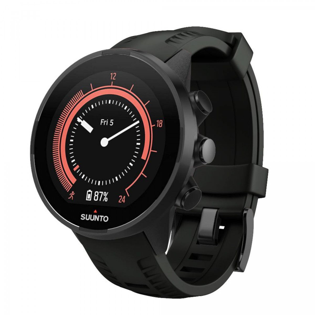 Une montre Suunto noire avec un cadran rond affichant l'heure et les statistiques.