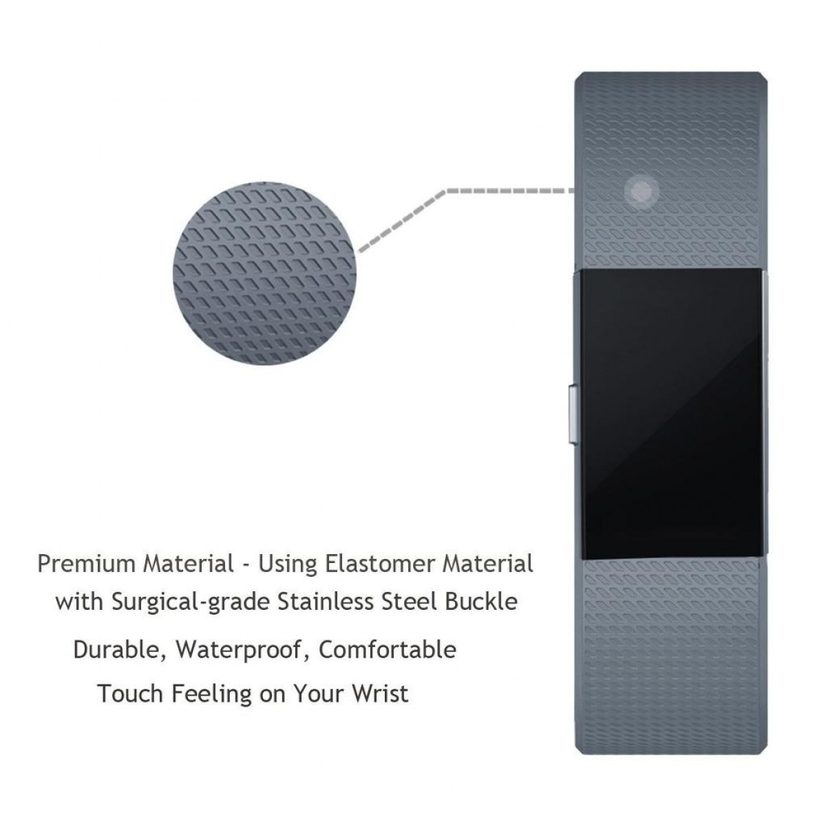 Graues Fitness-Tracker-Armband mit Details zu Materialien und Funktionen. Weißer Hintergrund.