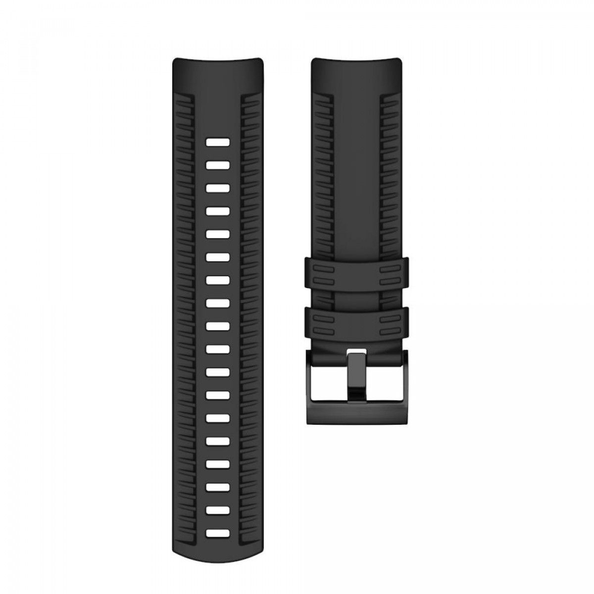 Deux bracelets de montre noirs avec boucle. Le bracelet gauche a de petites fentes verticales.