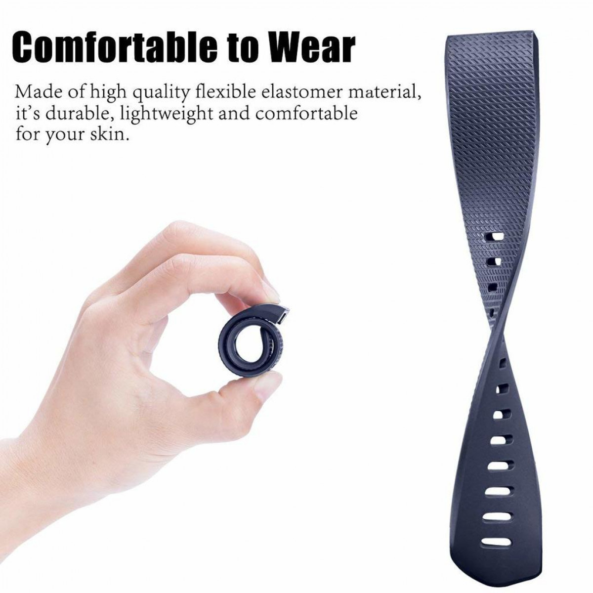 Correa de reloj azul en la mano. Es flexible y tiene agujeros.