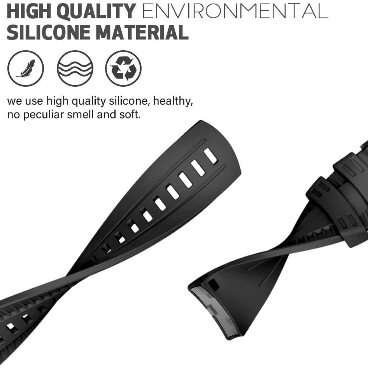 Bracelets de montre noirs. Texte sur le matériau silicone de haute qualité. Les bracelets sont torsadés. Fond blanc.