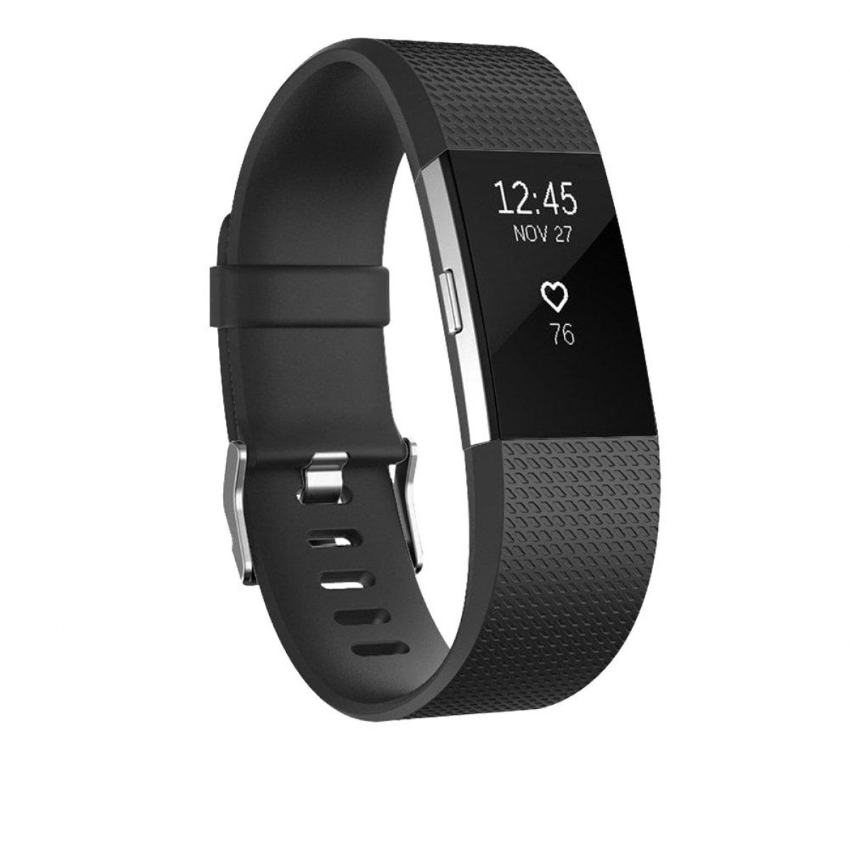 Schwarzer Fitbit-Fitnesstracker auf weißem Hintergrund. Zeigt Zeit, Datum, Herzfrequenz und Schritte an.