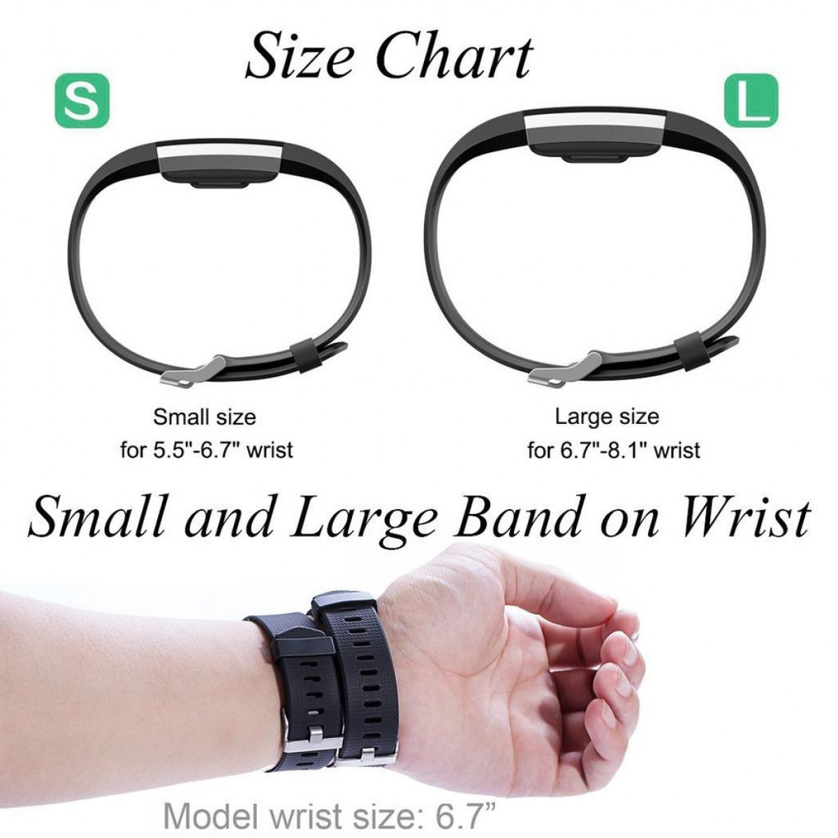 Größentabelle mit kleinen und großen Uhrenarmbändern, mit einem Handgelenk, das die Bänder trägt.