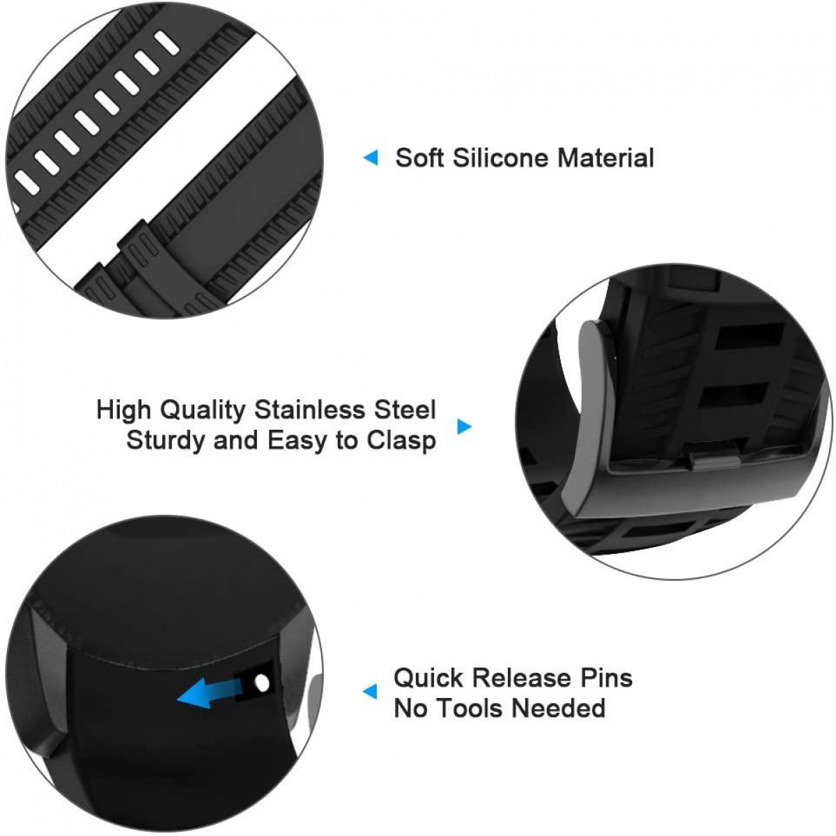 Composants du bracelet de montre : fermoir en acier inoxydable, bracelet en silicone.