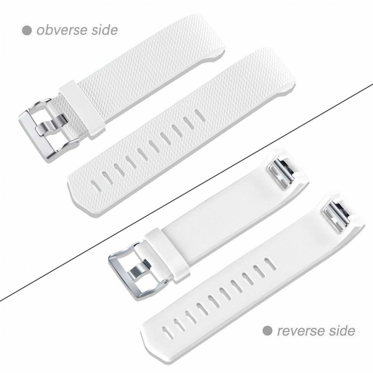 Zwei weiße Armbänder. Eines zeigt die Vorderseite mit einer Schnalle, das andere die Rückseite mit einer Schnalle.
