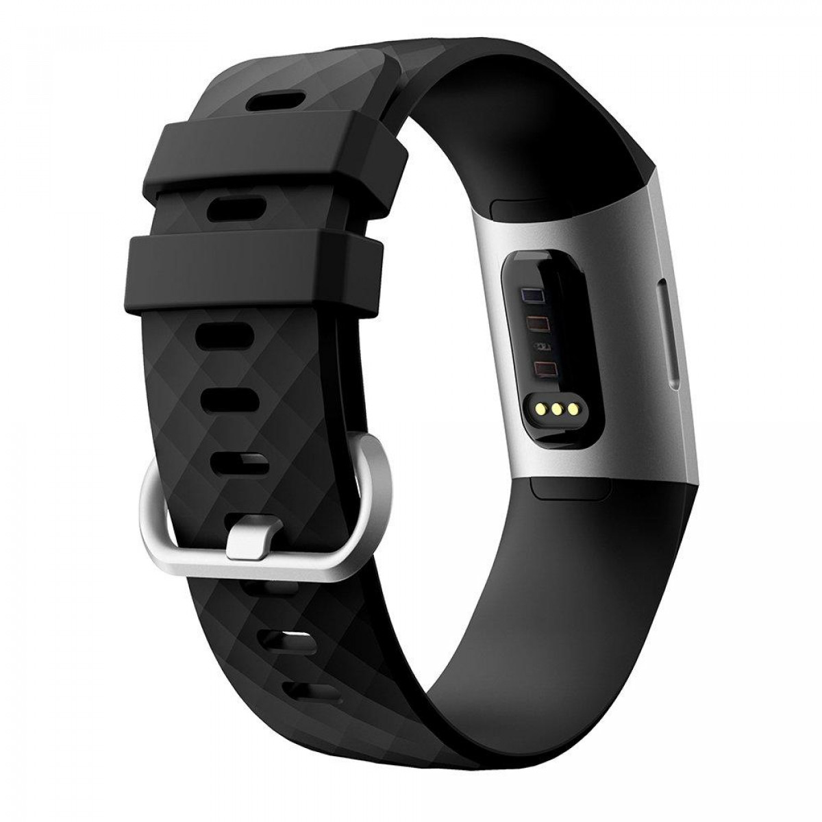 Schwarze Smartwatch mit schwarzem Armband. Die Uhr hat einen silbernen Verschluss und einen Bildschirm mit Daten.