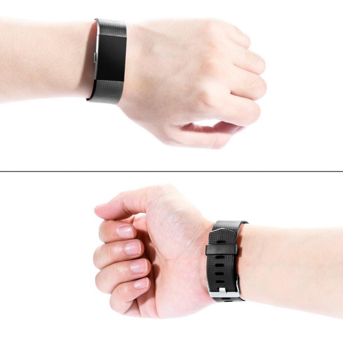 Zwei Handaufnahmen, die eine schwarze Fitness-Tracker-Uhr tragen.