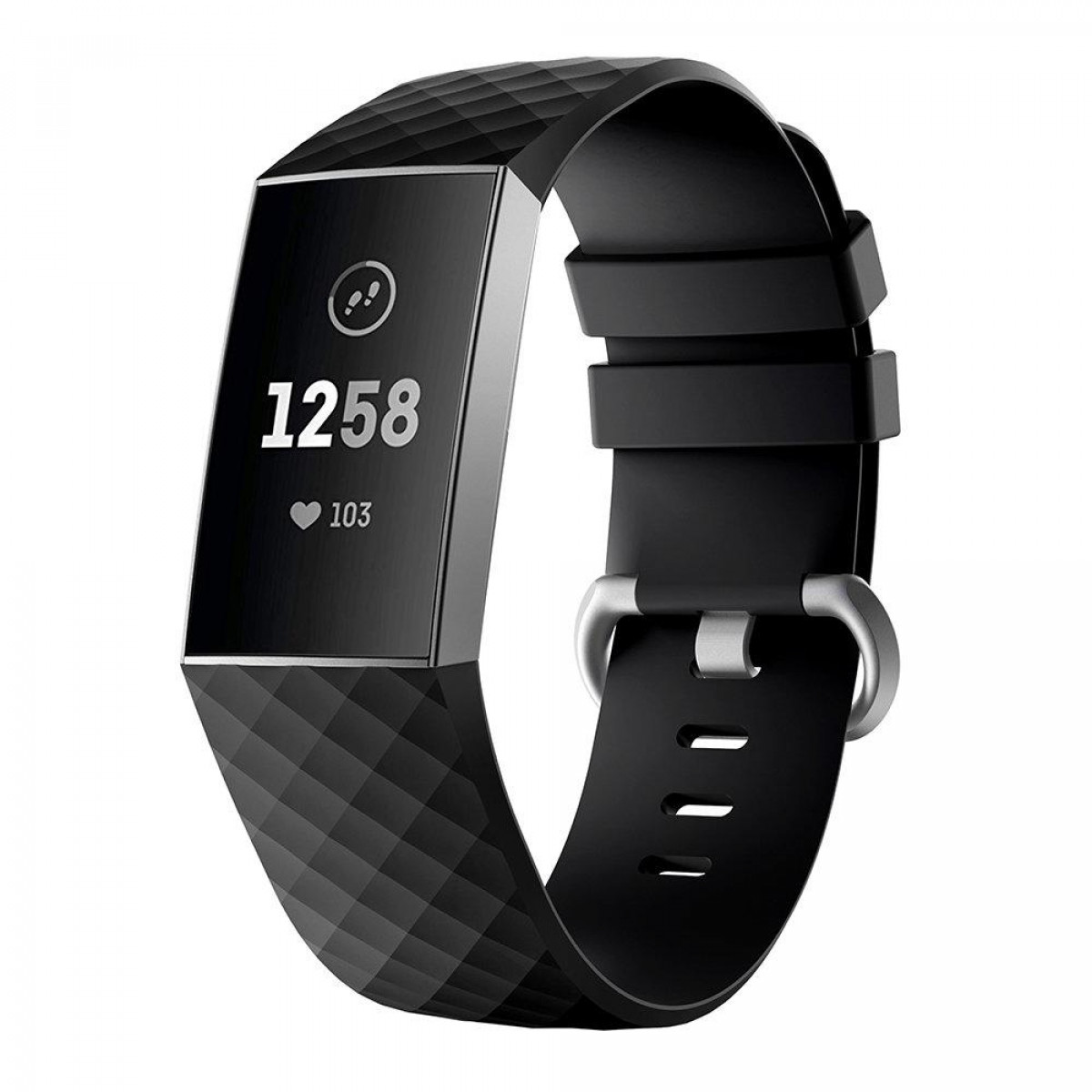 Schwarzer Fitnesstracker mit einem Bildschirm, der 1258 und 103 anzeigt. Schwarzes Armband.