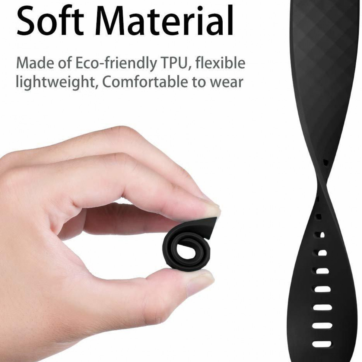 Ein schwarzes Uhrenarmband aus weichem, flexiblem Material, gehalten von einer Hand.