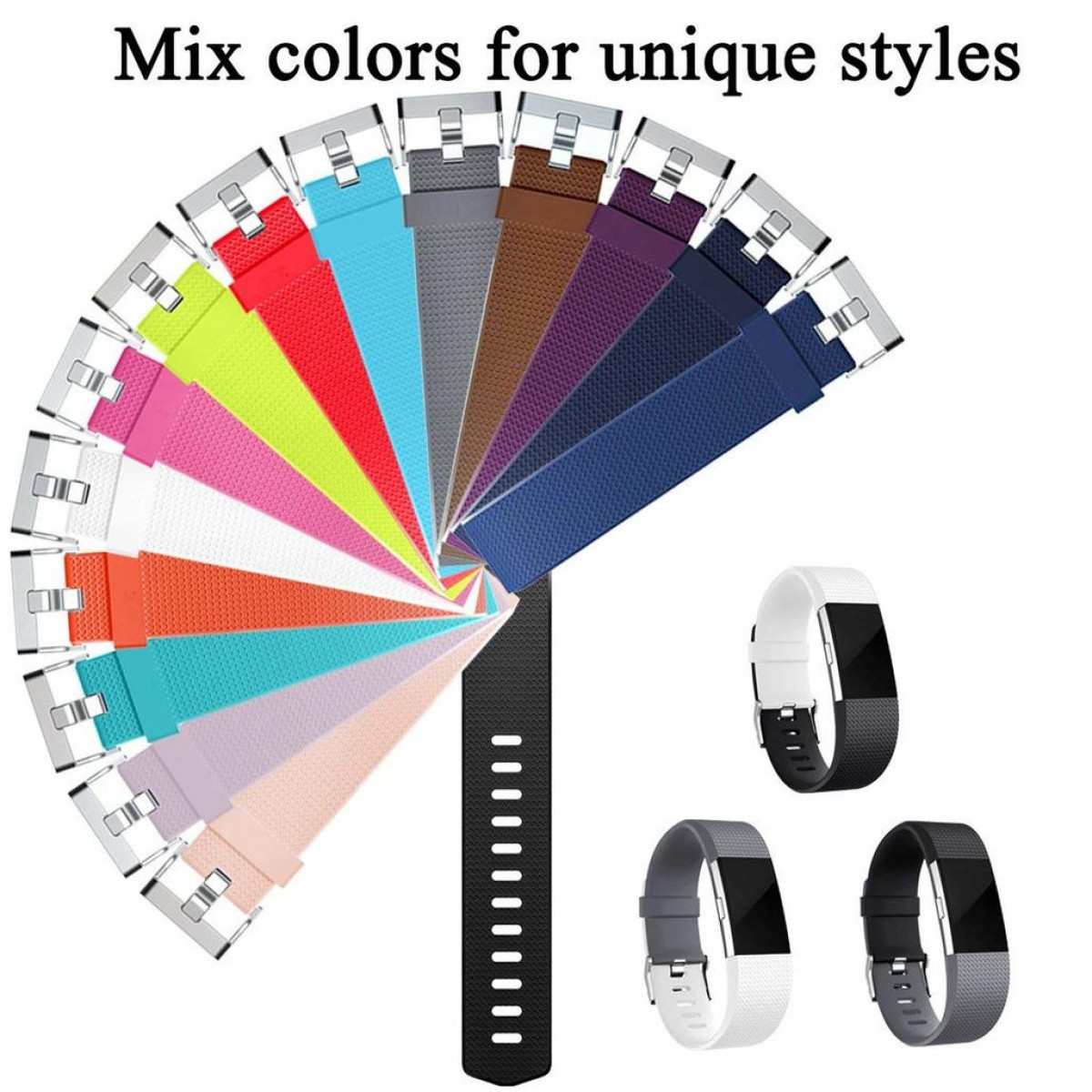 Múltiples correas de reloj de varios colores dispuestas en abanico, con tres relojes.