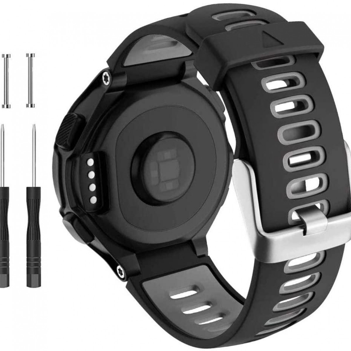 Czarny smartwatch z czarnym paskiem i szarym akcentem. Dwa narzędzia obok.