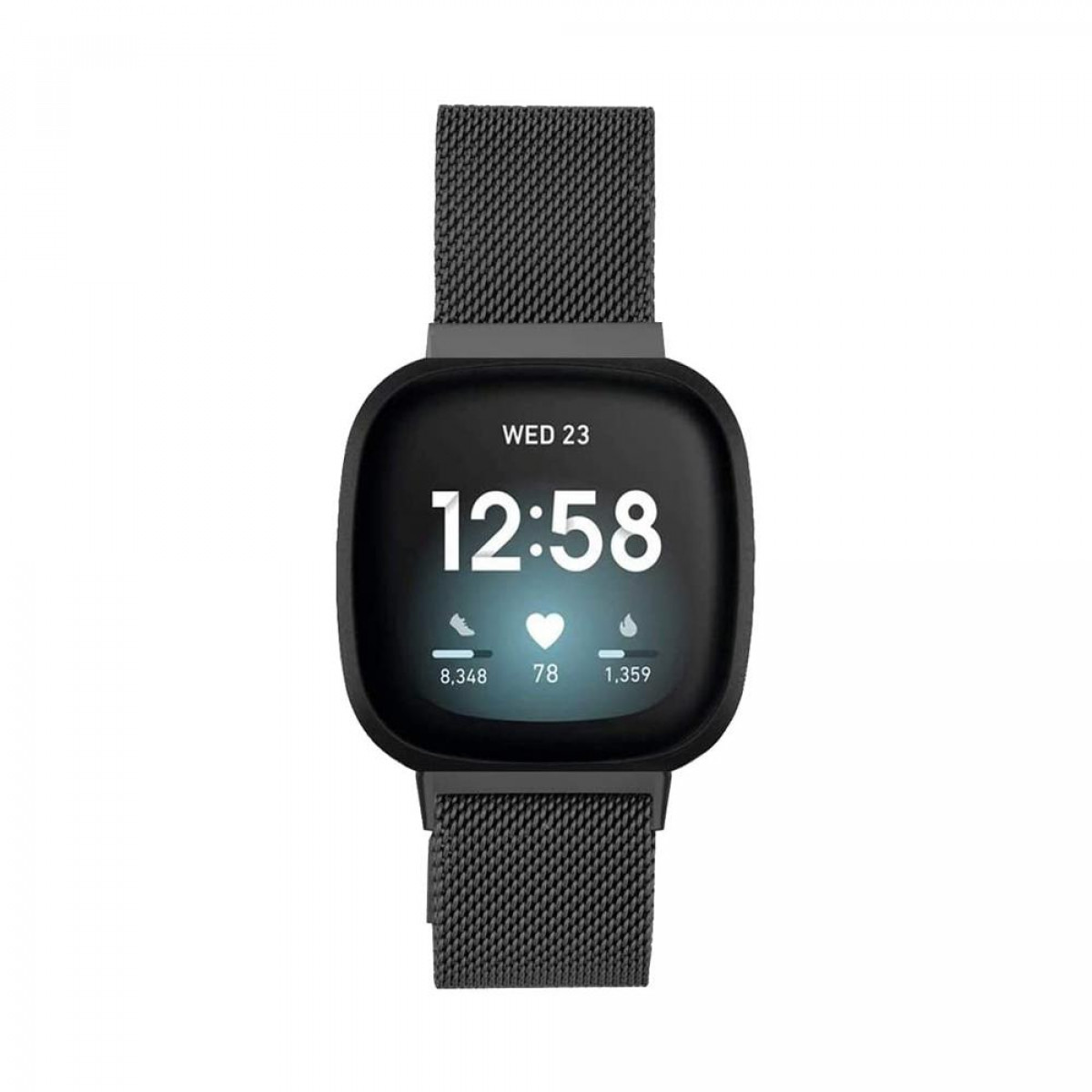 Eine schwarze Smartwatch mit schwarzem Armband, die Zeit und Daten anzeigt.