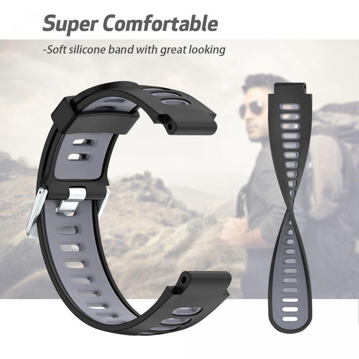 Czarny i szary pasek do zegarka. Pasek jest zakrzywiony i ma klamrę. Osoba w tle.