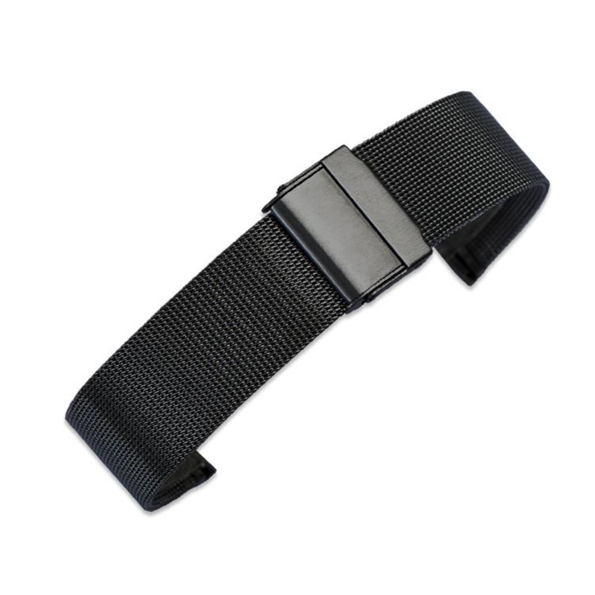 Schwarzes Uhrenarmband mit Mesh-Design und schwarzem Verschluss.