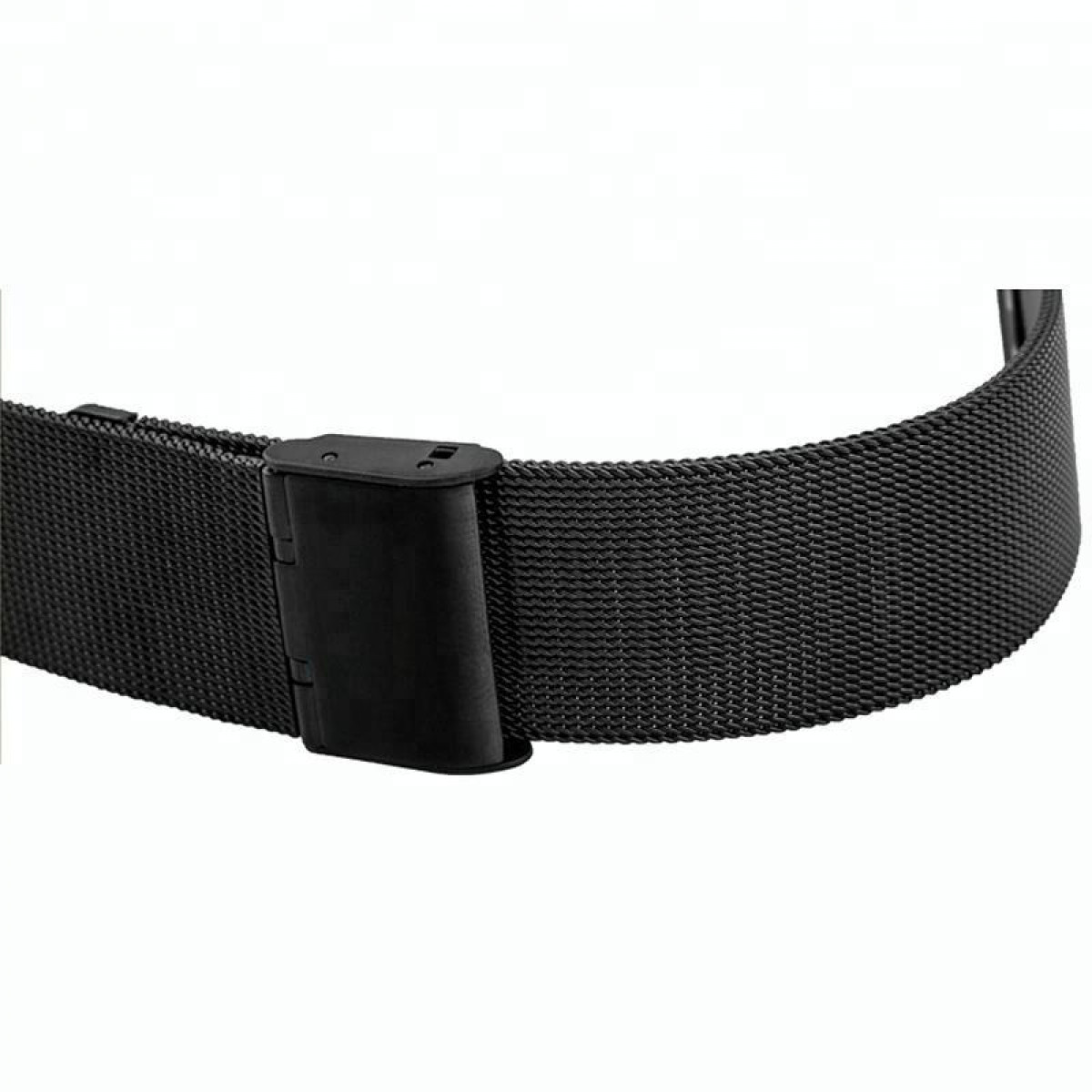 Nahaufnahme eines schwarzen Uhrenarmbands mit einer schwarzen Schließe.